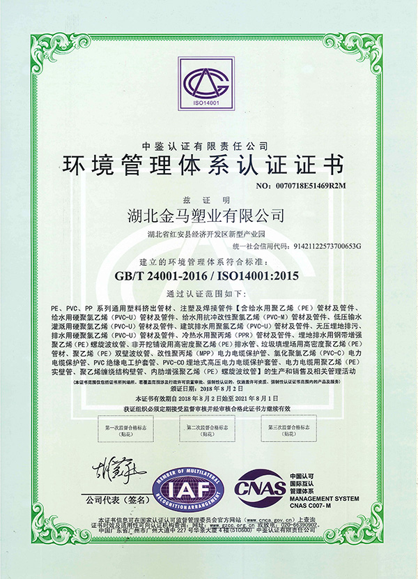 黄冈环境管理体系认证证书